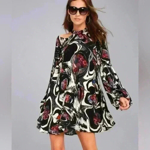 Free People Womens Drift Away Black Print Cold Shoulder Tunic Dress/ Top S - Picture 2 of 15